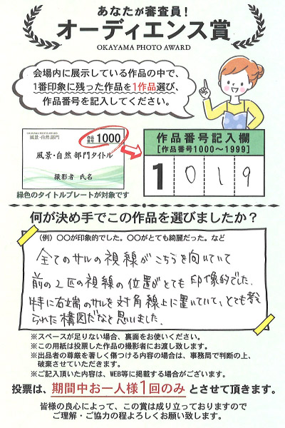 岡山の写真コンテスト　オカヤマフォトアワードは来場者による投票審査があります。投票はがきは出品者に届くので、出品者は生の声を聴くことができるとても素敵な企画です