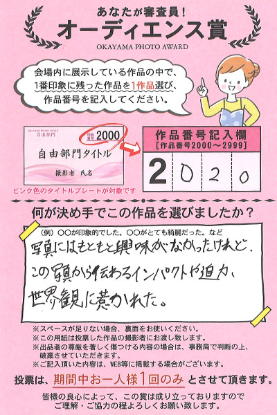 岡山の写真コンテスト　オカヤマフォトアワードは来場者による投票審査があります。投票はがきは出品者に届くので、出品者は生の声を聴くことができるとても素敵な企画です